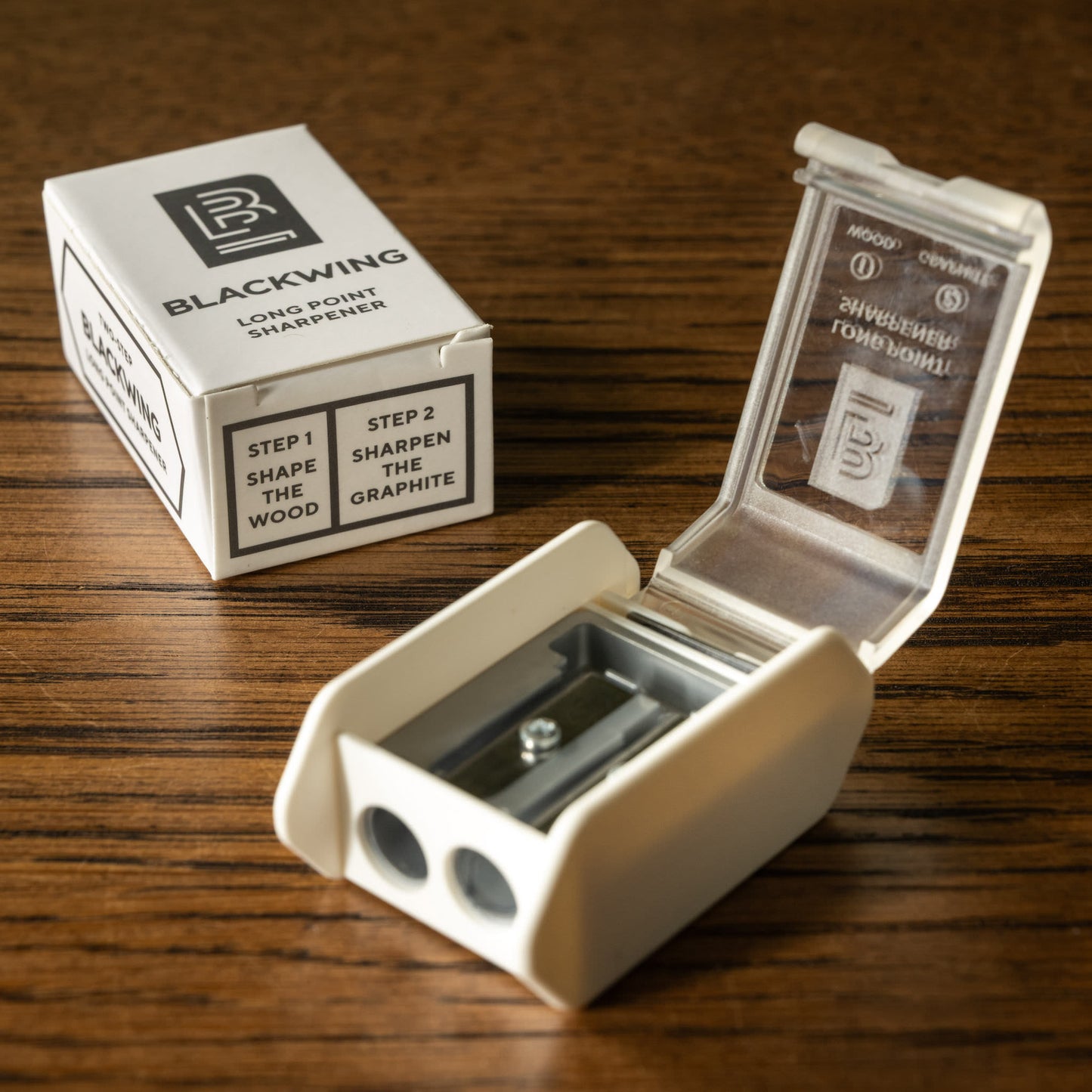 Blackwing 2 Step Long Point Pencil Sharpener & box in white.