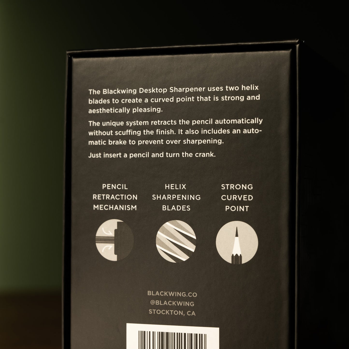 Blackwing Desktop Sharpener Box with features descriptions