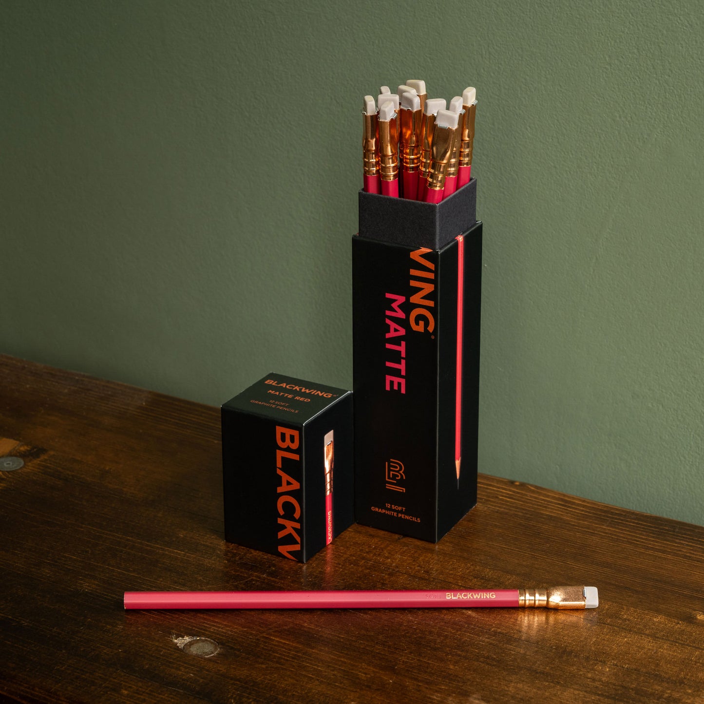 Blackwing Matt Red Pencil Box open with 12 pencils