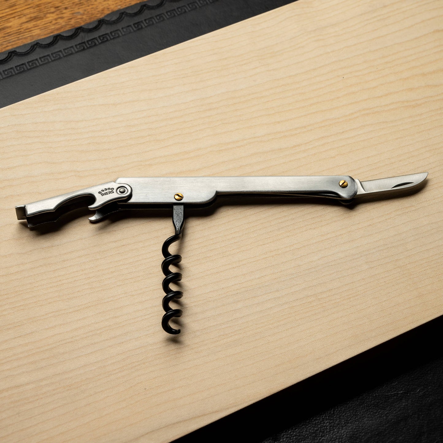 Cartailler Deluc Stainless Steel Corkscrew open with all tools.