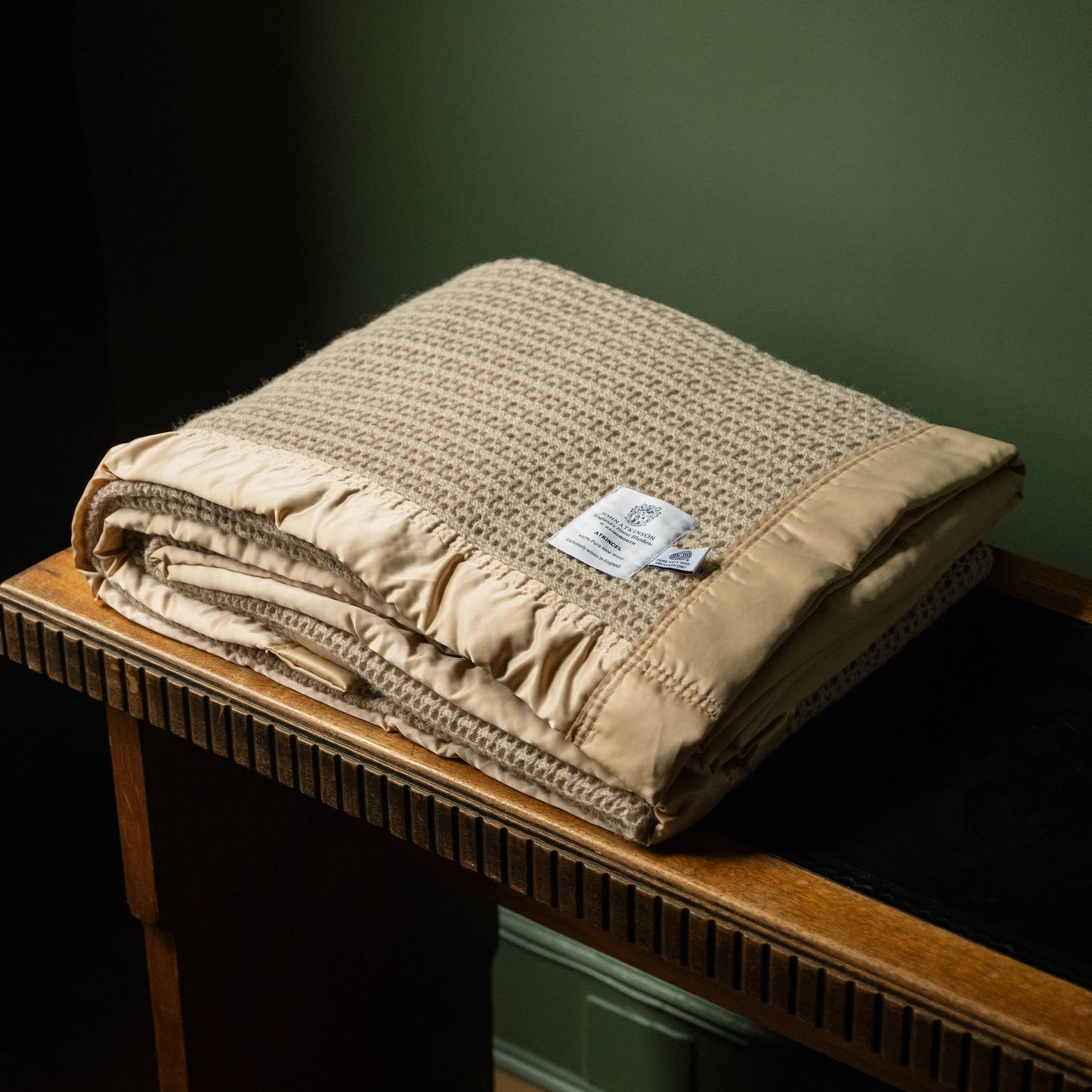 John Atkinson Atkincel Cellular Blanket with satin binding in camel colour.