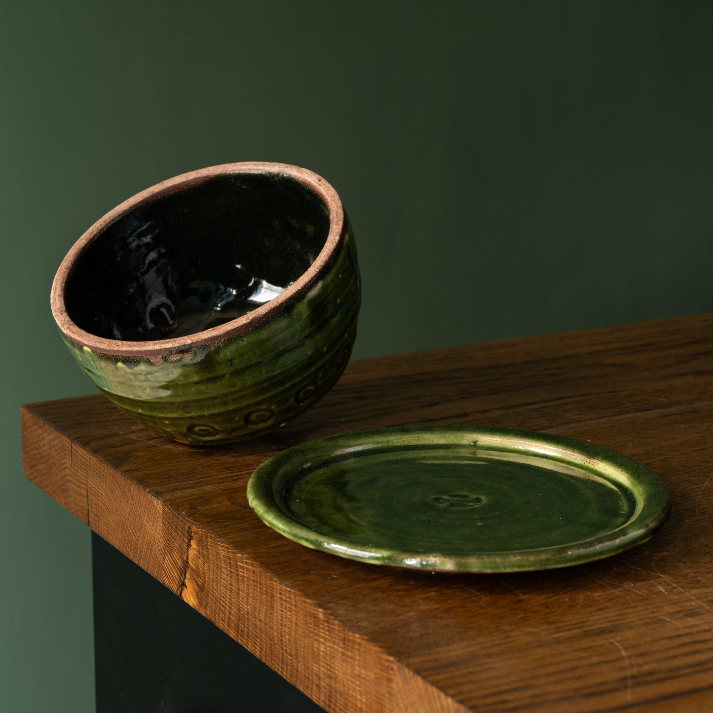 Joshua Williams green earthenware butter dish dome and plate separate