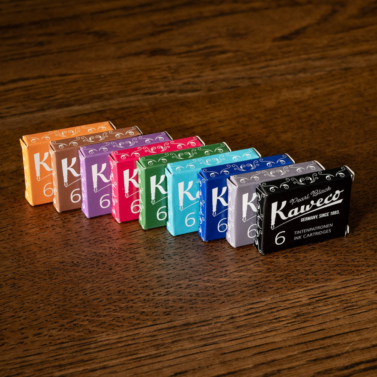 Kaweco Ink Cartridges, pearl black, midnight blue, royal blue, paradise blue, palm green, ruby red, summer purple, caramel brown & sunrise orange.
