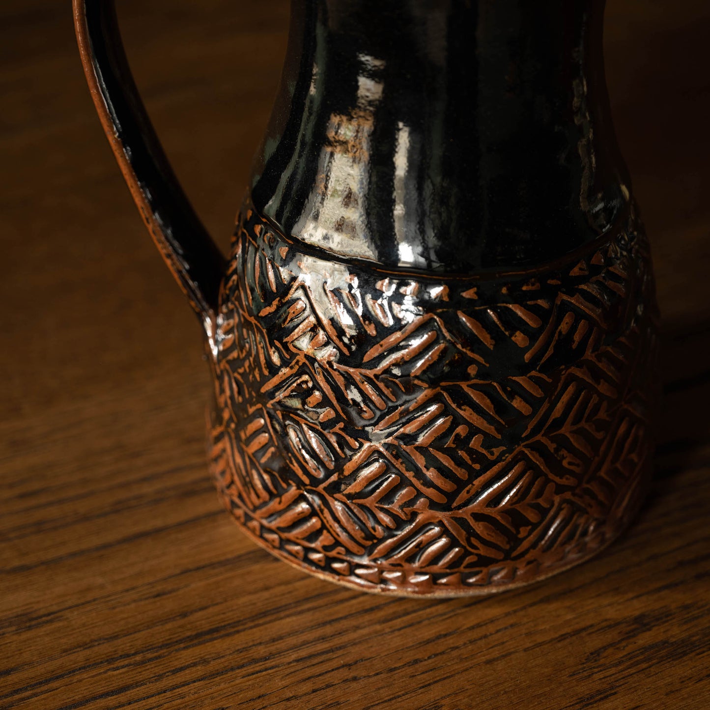 Leach Pottery Tenmoku Medium Jug Border Design
