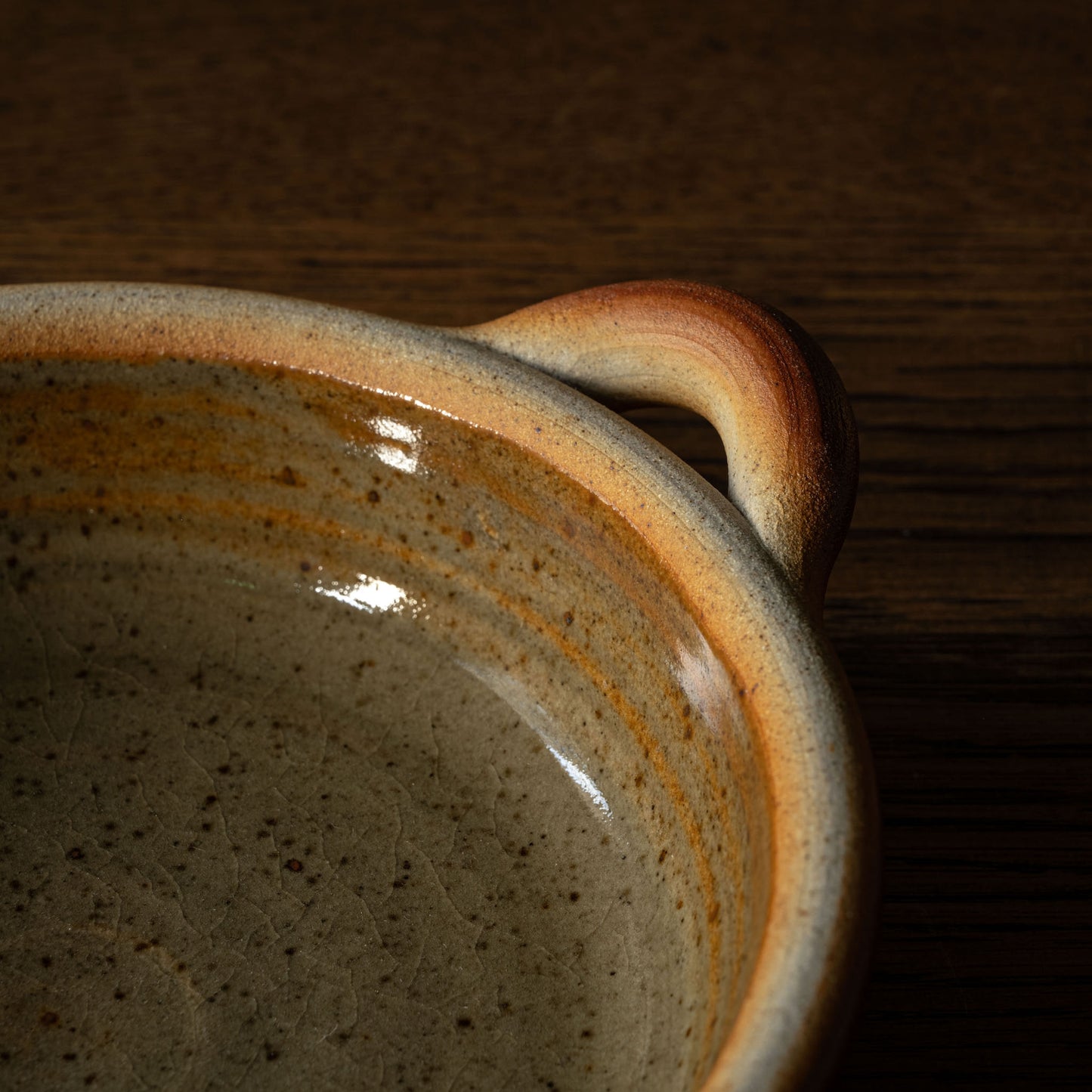 Muchelney Pottery small baking dish inside glaze and handle.