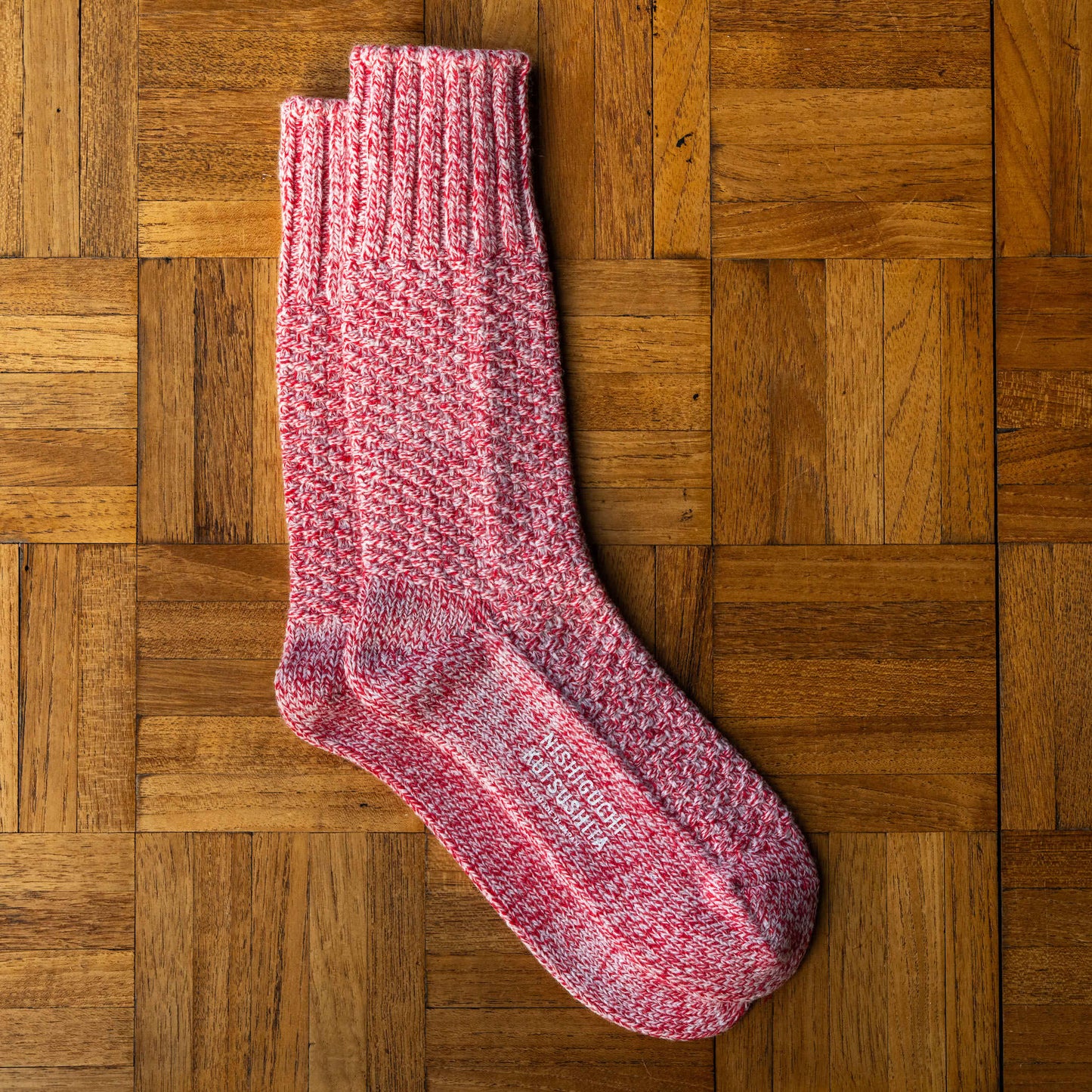 Nishiguchi Kutsushita Wool Boot Socks in Lobster Roll colour.