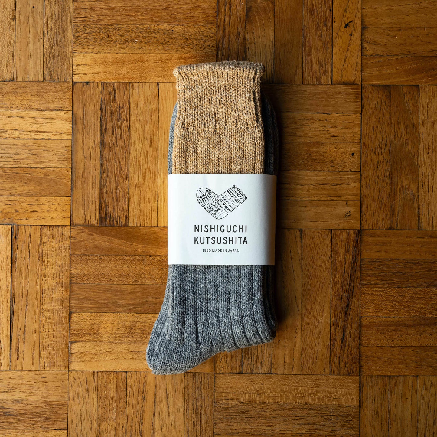 Nishiguchi Kutsushita Wool Cotton Slab Socks. Boston Cream Pie colour with paper sleeve.