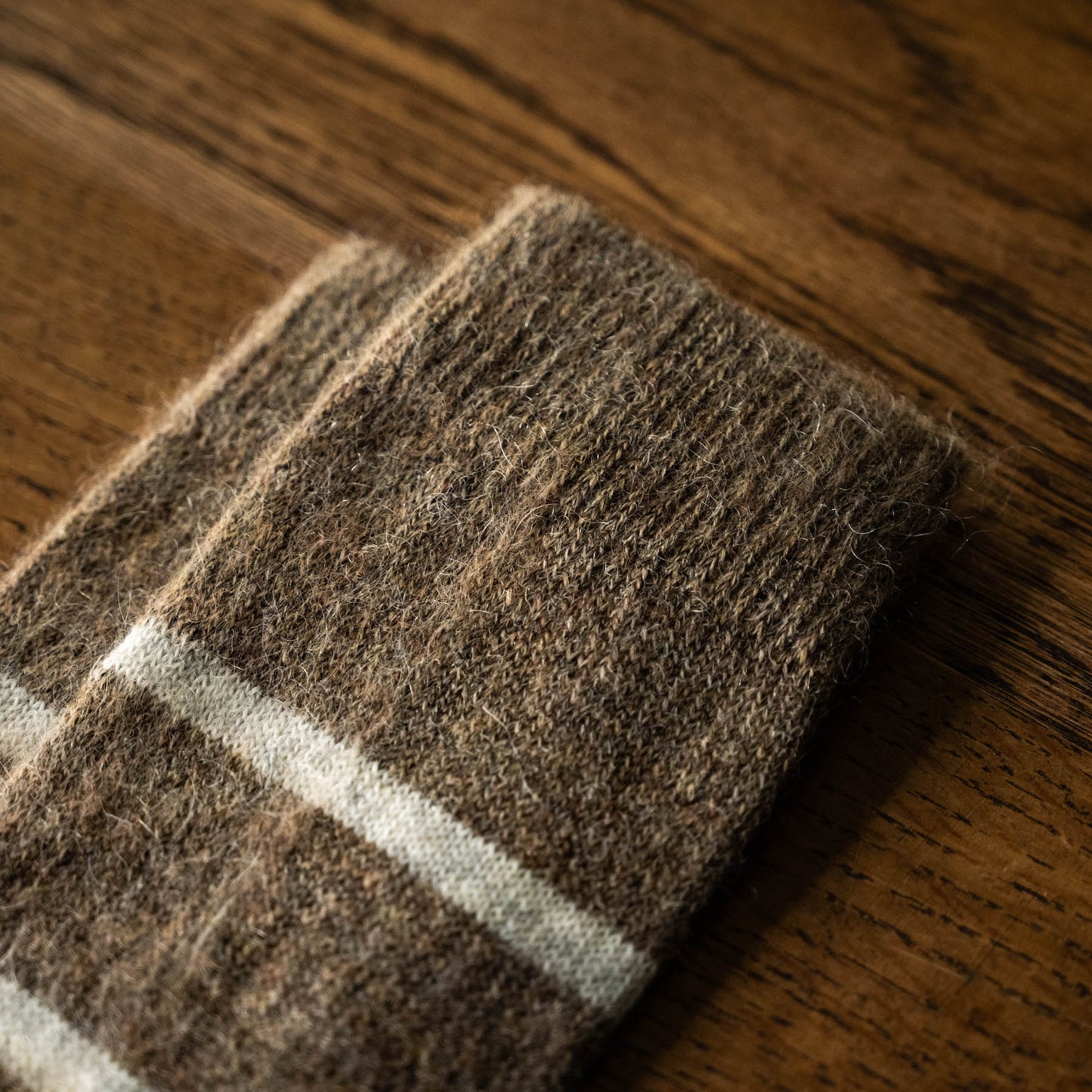 Cuff of Nishiguchi Kutsushita Mohair & Wool Beige Socks with White stripes