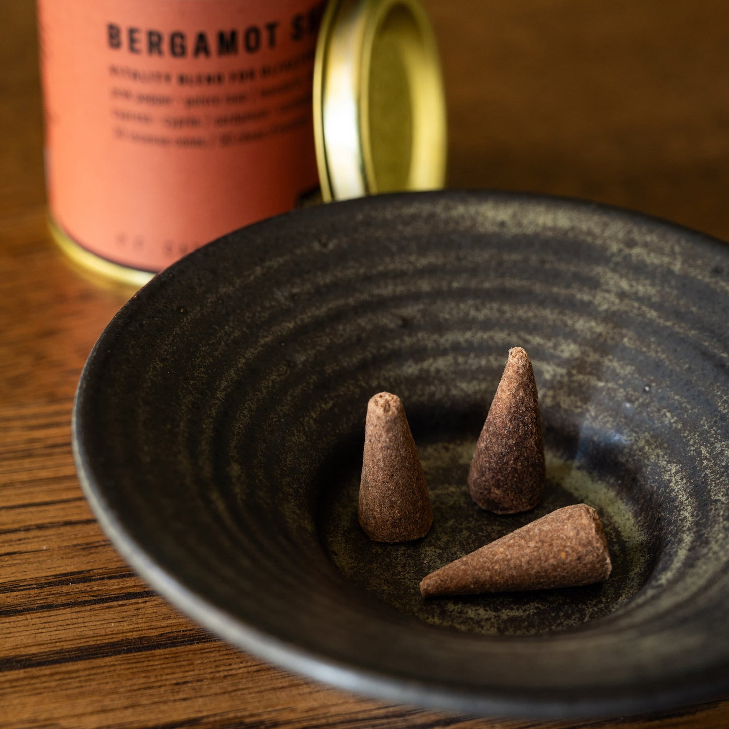 Bergamot Shiso PF Candle Co Alchemy Incense Cones & Pottery West stoneware candle holder.