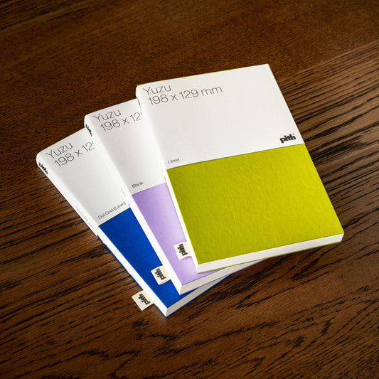 Pith Supply Yuzu Notebook in chartreuse, lavender & blue.
