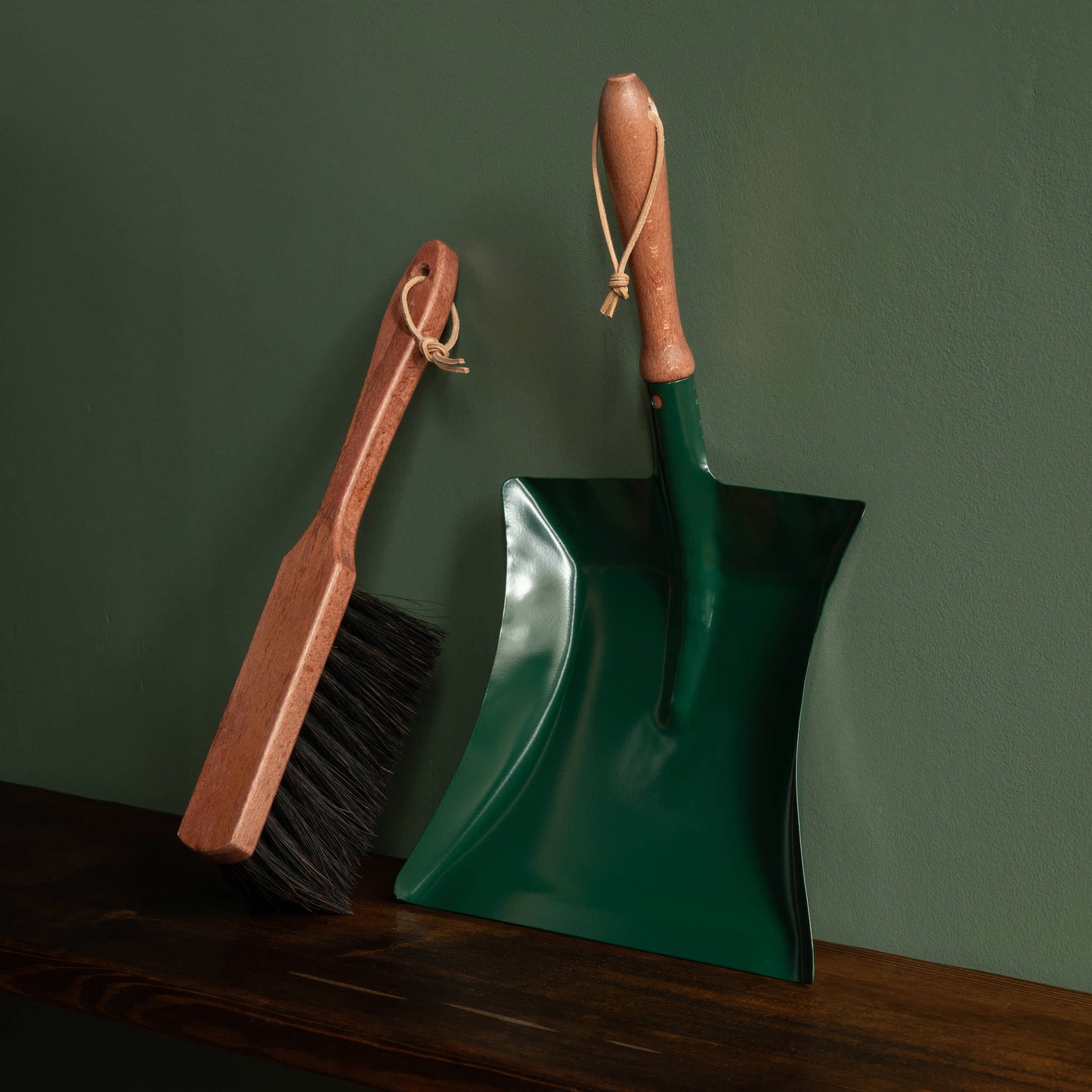 Redecker Moss Green Steel Dustpan & Redecker Indoor / Outdoor Brush