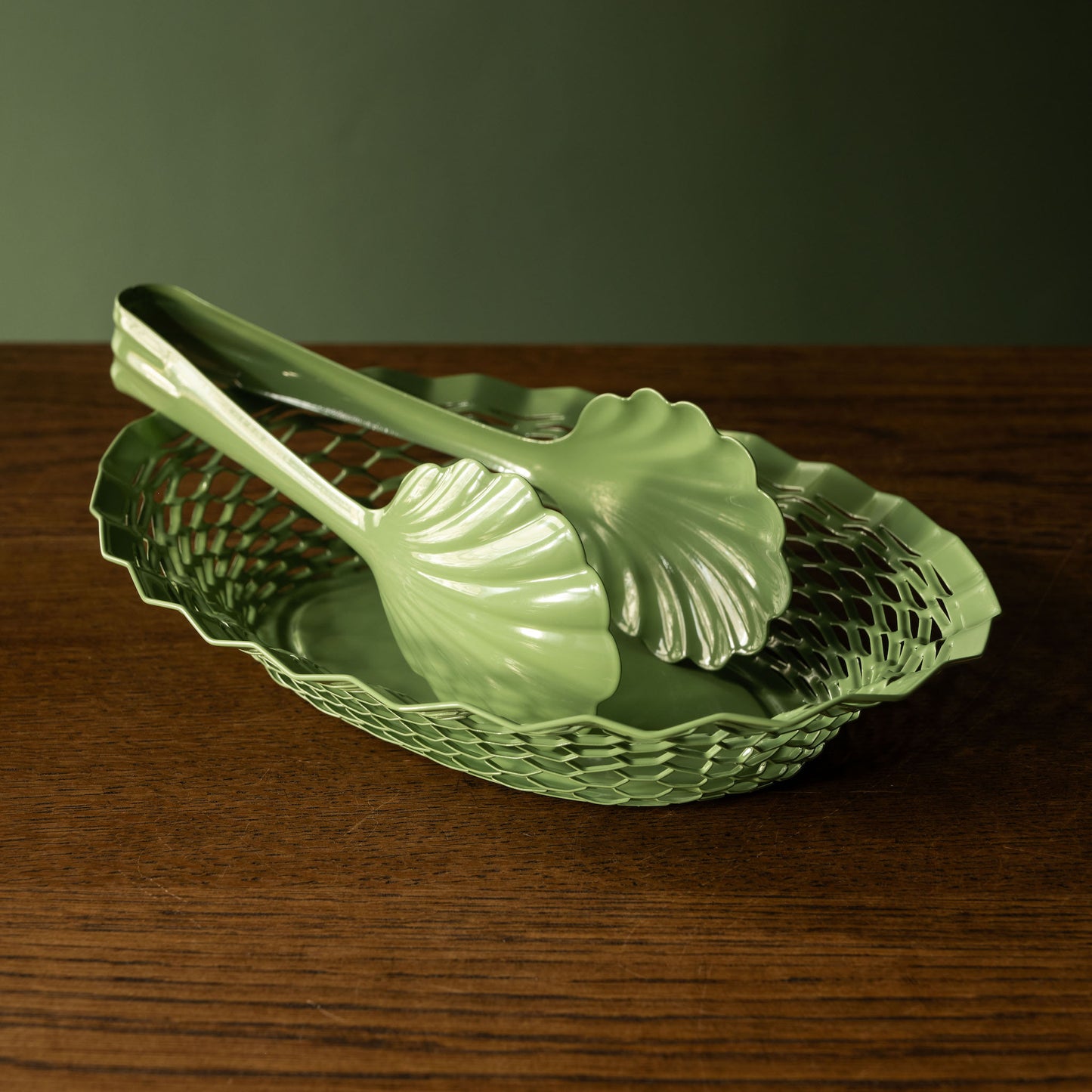 Stainless steel bakery tongs & oval basket in pastel green.