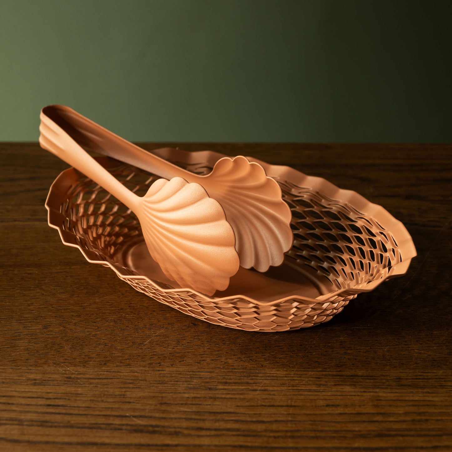 Stainless steel bakery tongs & oval basket in old pink.