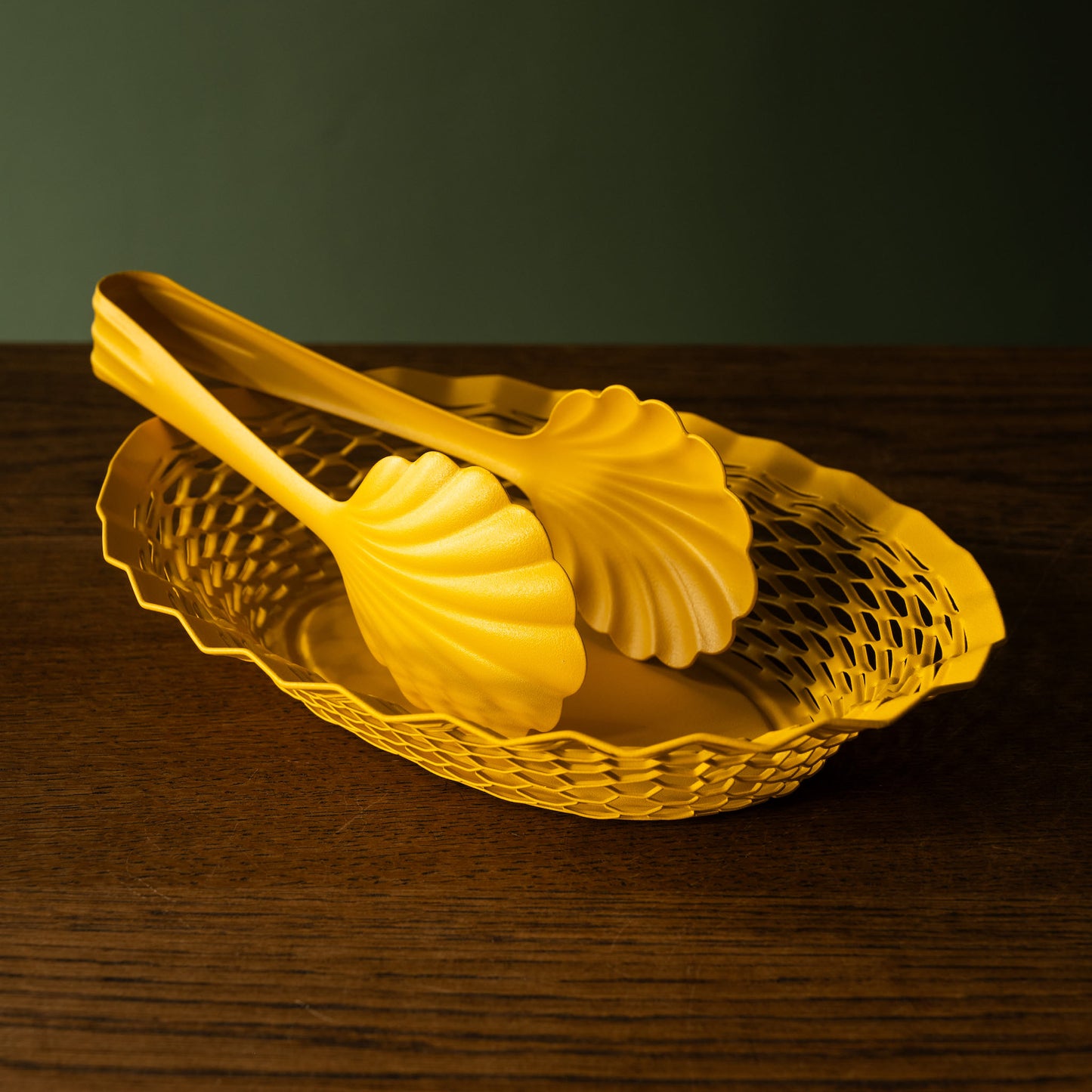 Stainless steel bakery tongs & oval basket in pollen yellow.