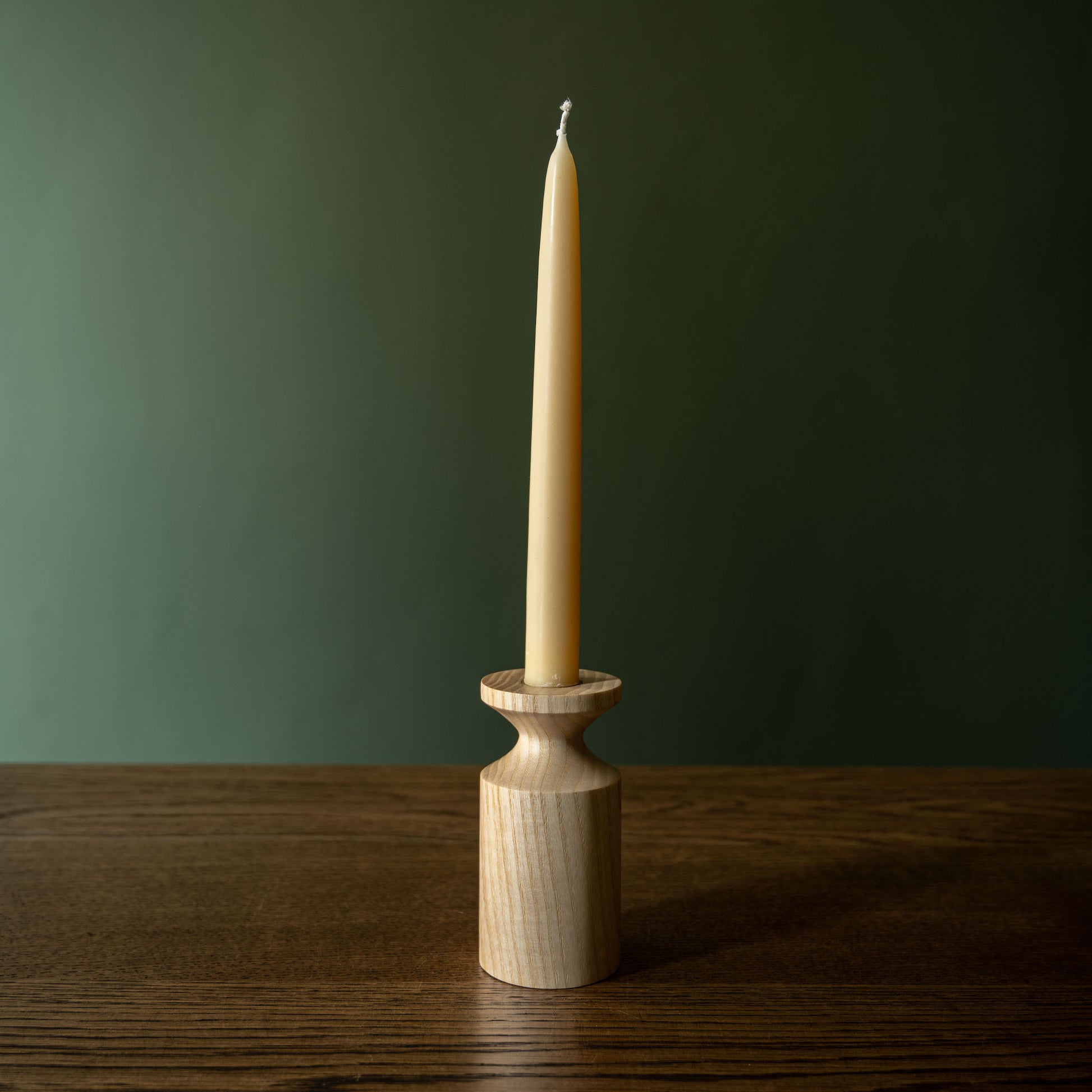 Beeswax Dinner Candle & Selwyn House Tall Wooden Candlestick