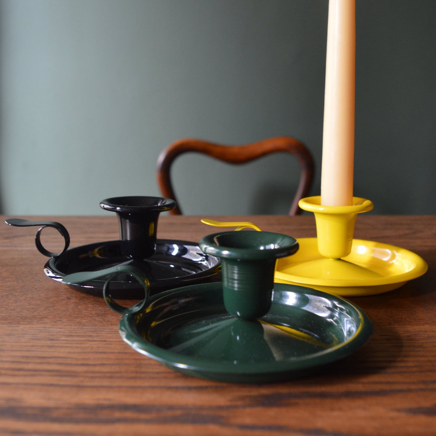 Black, Dark Green & Yellow enamel candle holders with beeswax candle