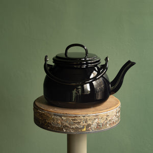 Black Enamel Stove Top Kettle with hadle folded down
