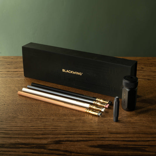 Blackwing Pencil Essentials Set, featuring 4 pencils, long point sharpener & black point guard 