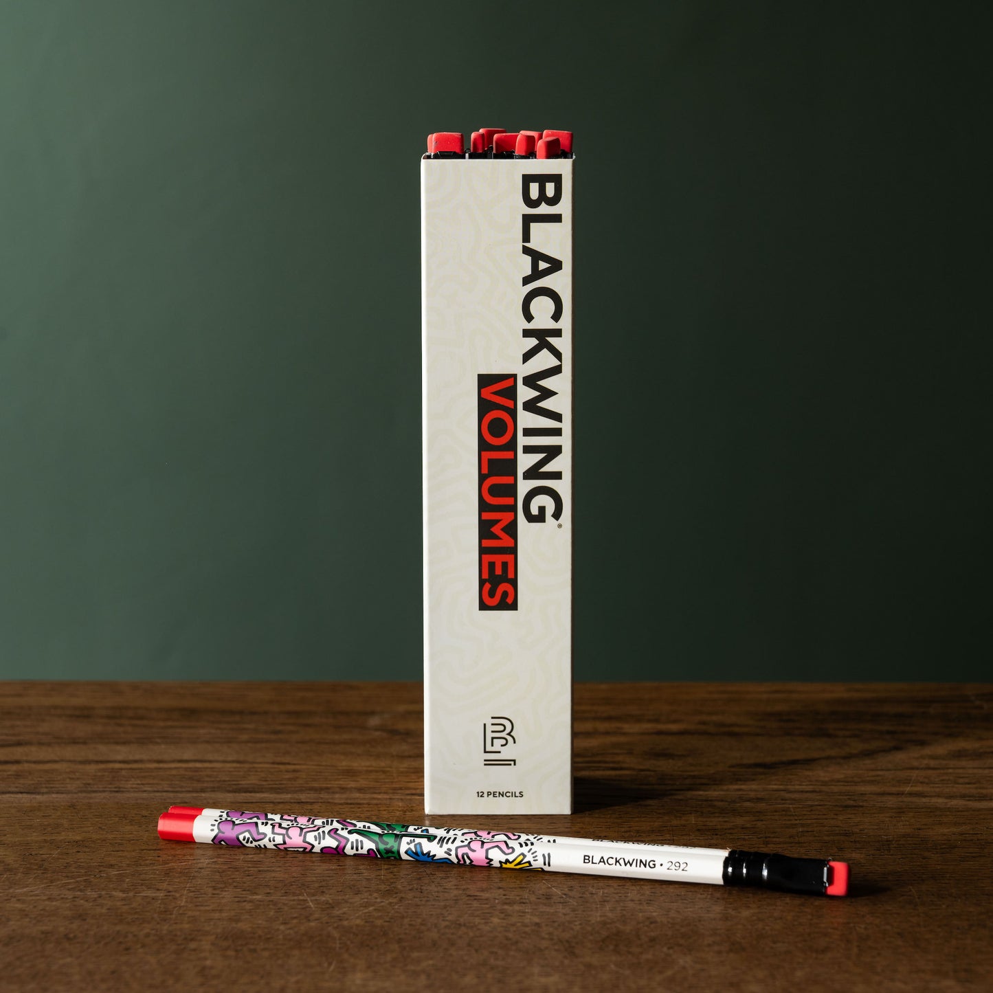 Blackwing Volumes 292 Keith Haring pencils and box on a wooden surface 
