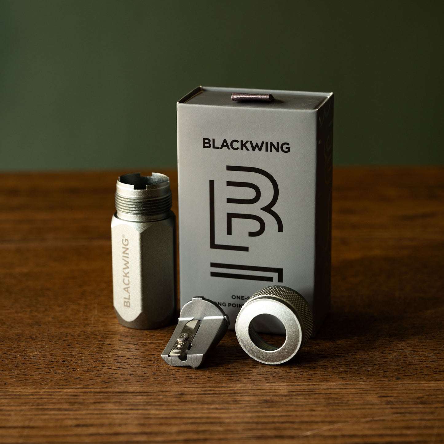 Individual components of grey Blackwing Long Point Sharpener 