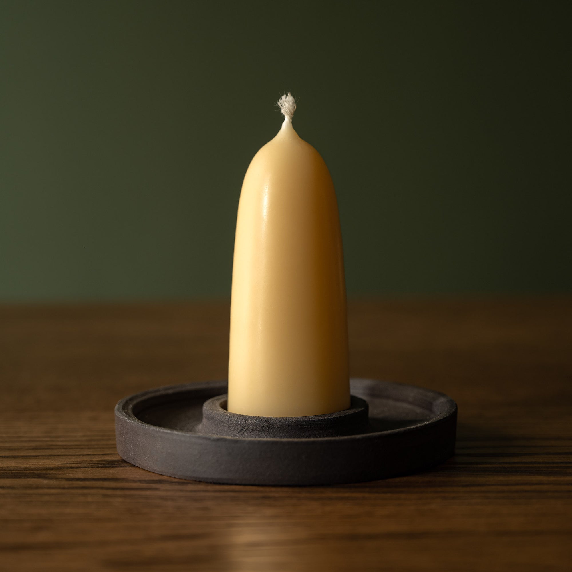 Carrick Ceramics Charcoal Stoneware Wide Candle Holder & Beeswax Stumpie Candle