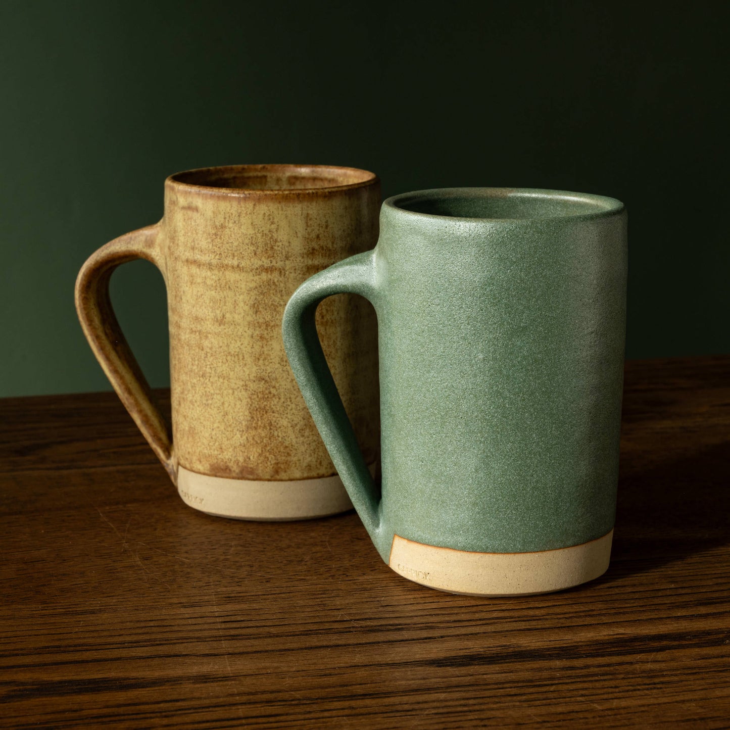 Carrick Ceramics Tall Stoneware Mugs in green & toast glazes