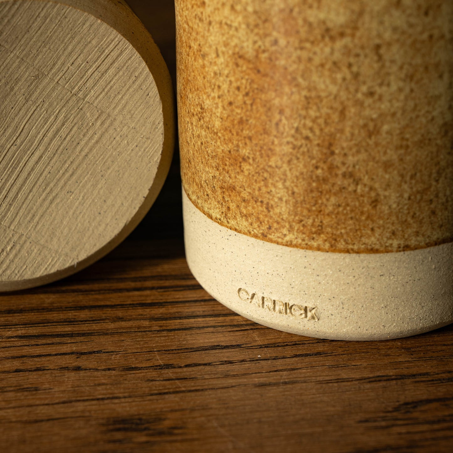 Makers mark logo detail of Carrick Ceramics Stoneware Pourer in toast glaze
