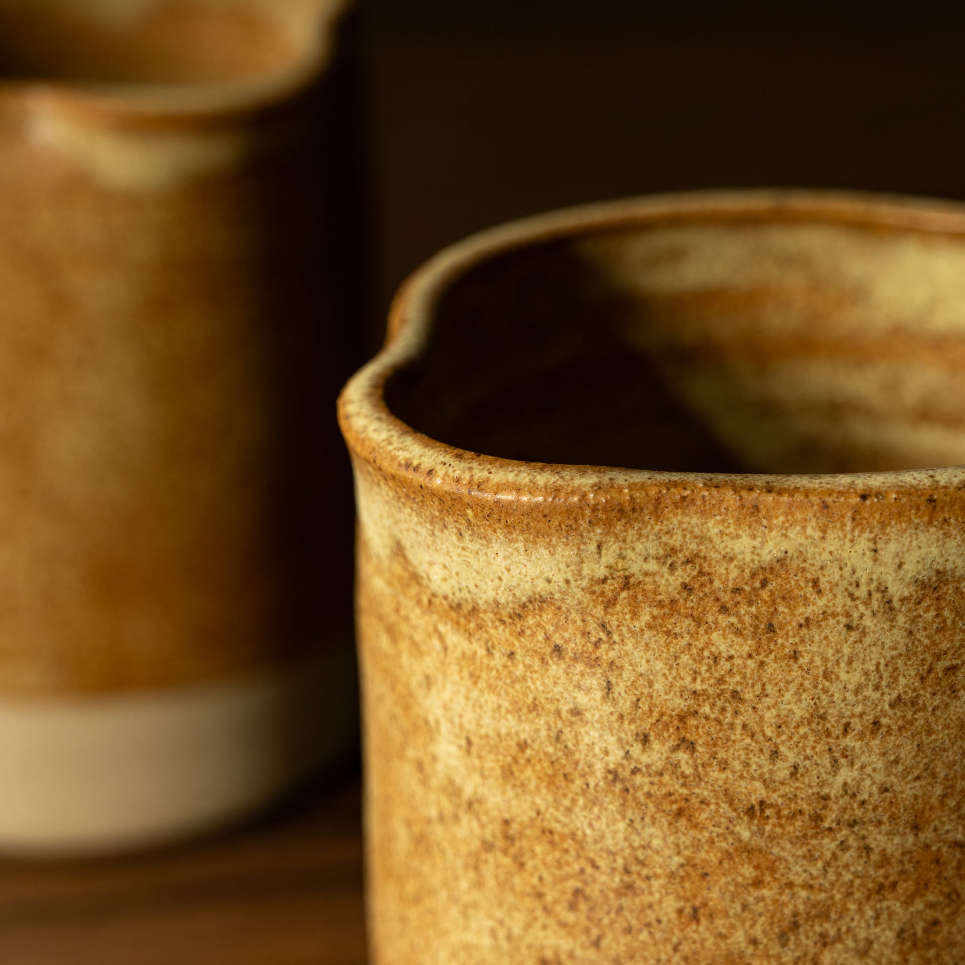 Close-up of the spout for the Carrick Ceramics stoneware pourer in toast glaze