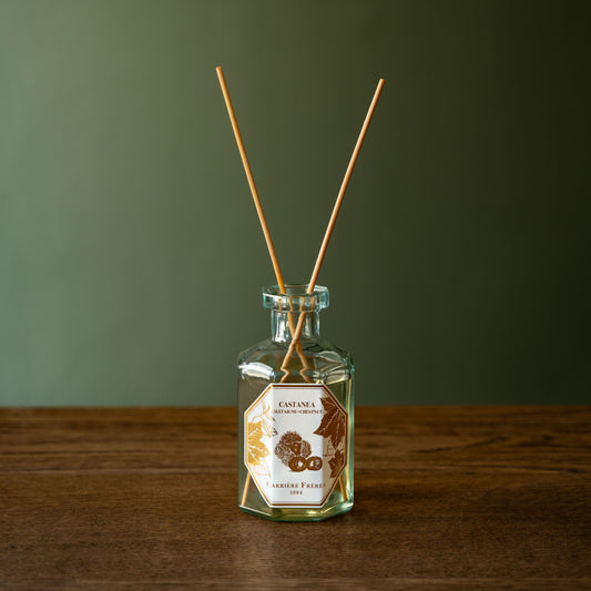 Carrière Frères Chestnut scented  reed diffuser in a clear glass bottle with a white and gold label with a botanical design.