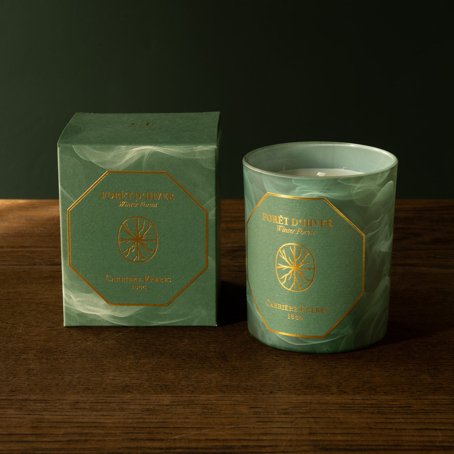Carrière Frères Winter Forest scented candle with box.