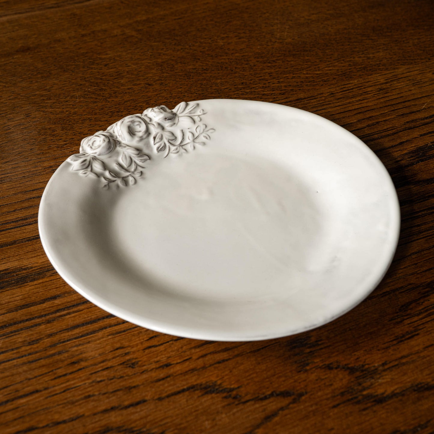 Carron Paris Rose Dessert Plate with a milky white glaze. 
