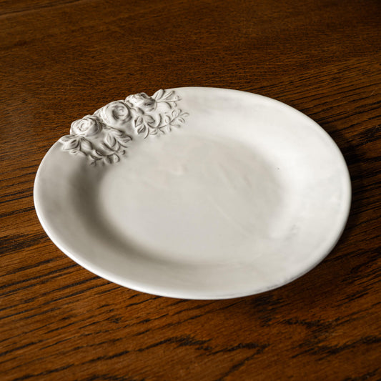 Carron Paris Rose Dessert Plate with a milky white glaze. 