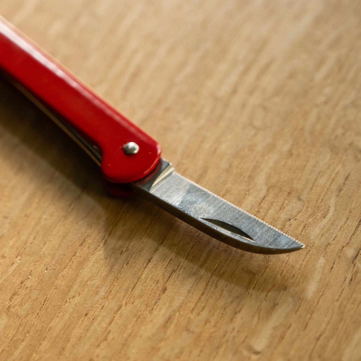 Red Cartailler Deluc Corkscrew serrated mini stainless steel knife close up