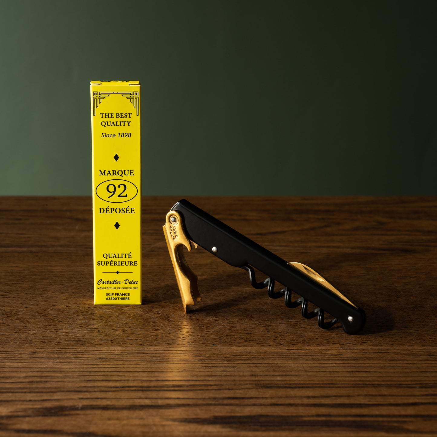 Cartailler Deluc Black Stainless Steel Corkscrew with Gold Tools and box. 