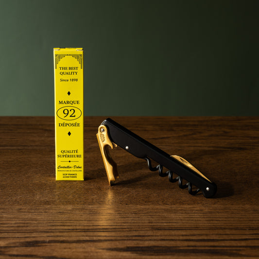 Cartailler Deluc Black Stainless Steel Corkscrew with Gold Tools and box. 