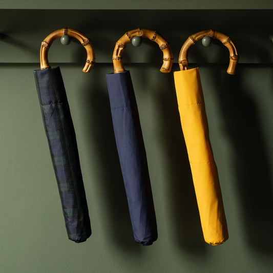 Three Telescopic Fox Umbrellas in assorted colours complete with cover with bamboo handles on a dark green background