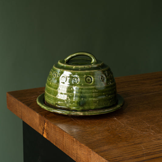 Joshua Williams green earthenware butter dish with domed lid and flat plate 