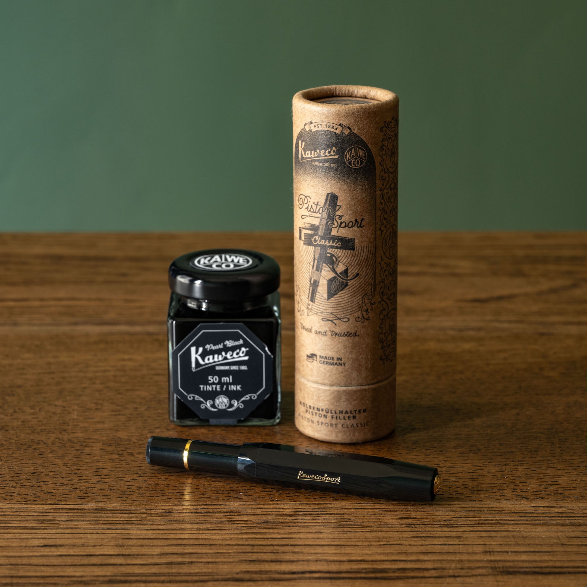 Kaweco Piston Sport Classic Pen with cardboard presentation tube & bottle of Kaweco ink.
