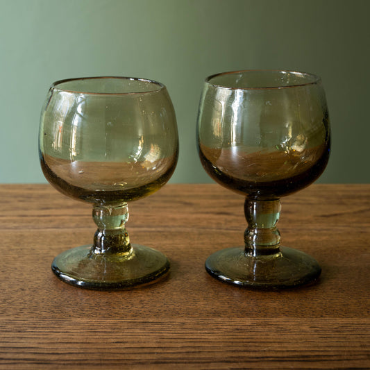 Pair of mouth blown La Soufflerie Red Wine glasses in smoked recycled glass. 