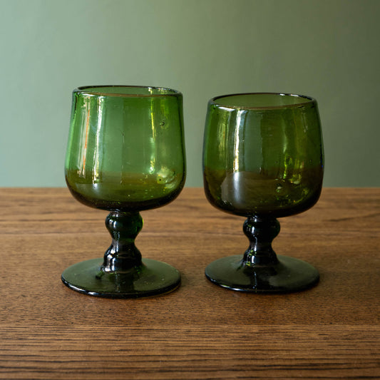 Pair of La Soufflerie Vert Fumé Red Wine Glasses. Mouth blown from recycled glass in smoked green. 