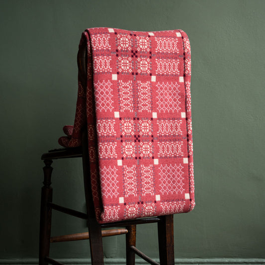 Melin Tregwynt Welsh Blanket, Knot Garden design in Mafon colour. 