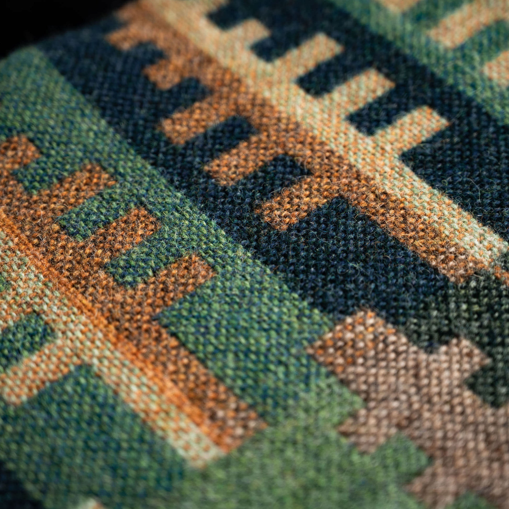 Melin Tregwynt Forest design Welsh blanket close up of the design & weave. 