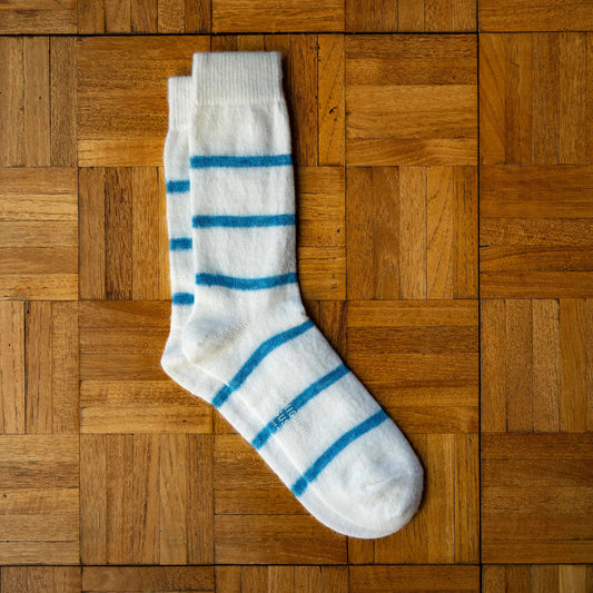 Nishiguchi Kutsushita Mohair & Wool Border Socks in Marshmallow Cream colour (Cream with turquoise blue horizontal stripes). 