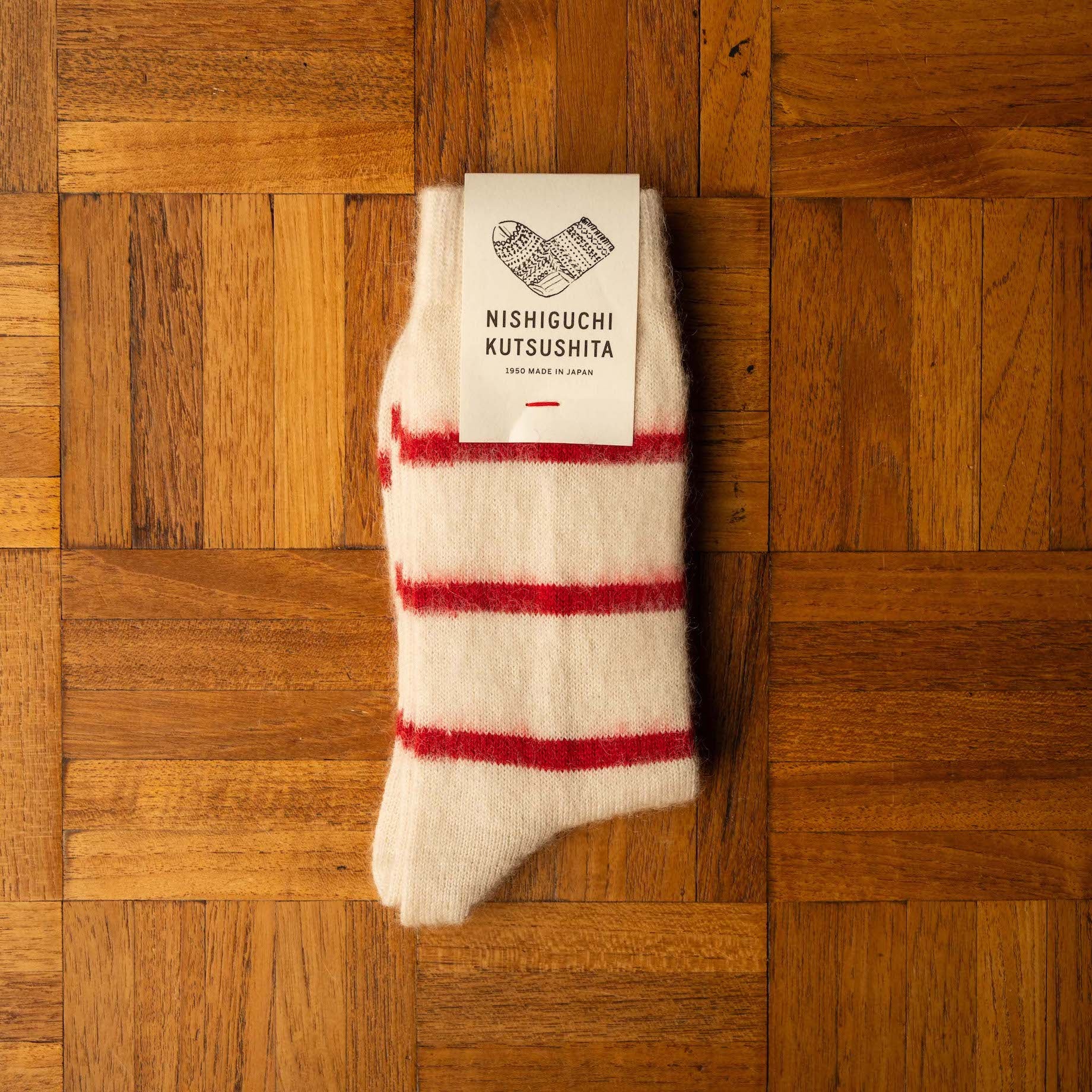 Nishiguchi Kutsushita Tower White Mohair & Wool Border Socks with Logo Band