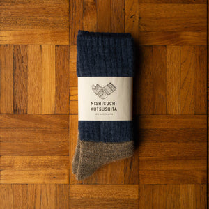 Nishiguchi Kutsushita Navy Mohair & Wool Socks with Logo Band