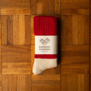Nishiguchi Kutsushita Red Mohair & Wool Socks with Logo Band