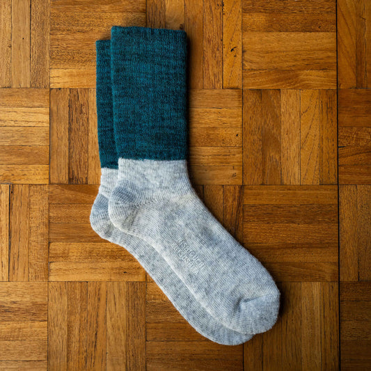 Nishiguchi Kutsushita Mohair & Wool Socks in T Green colour (dove grey sole with blue/green leg and cuff).