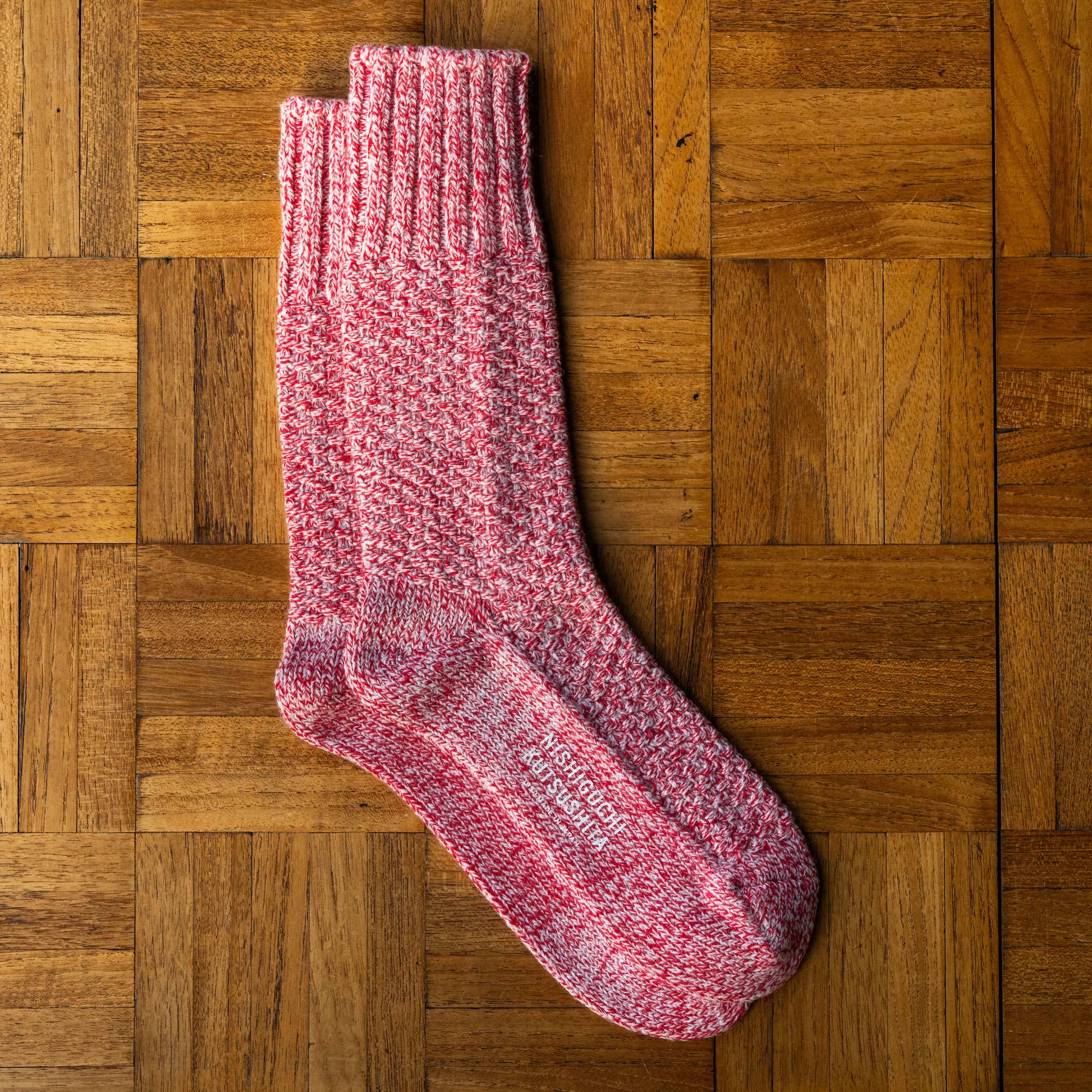 Nishiguchi Kutsushita Wool Boot Socks in Lobster Roll colour. 