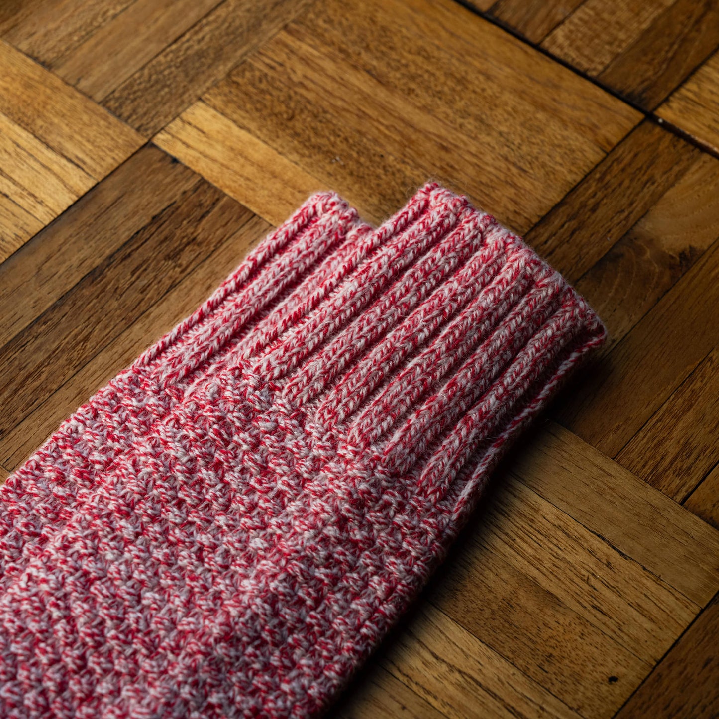 Nishiguchi Kutsushita Wool Boot Socks in Lobster Roll colour. Cuff detail.