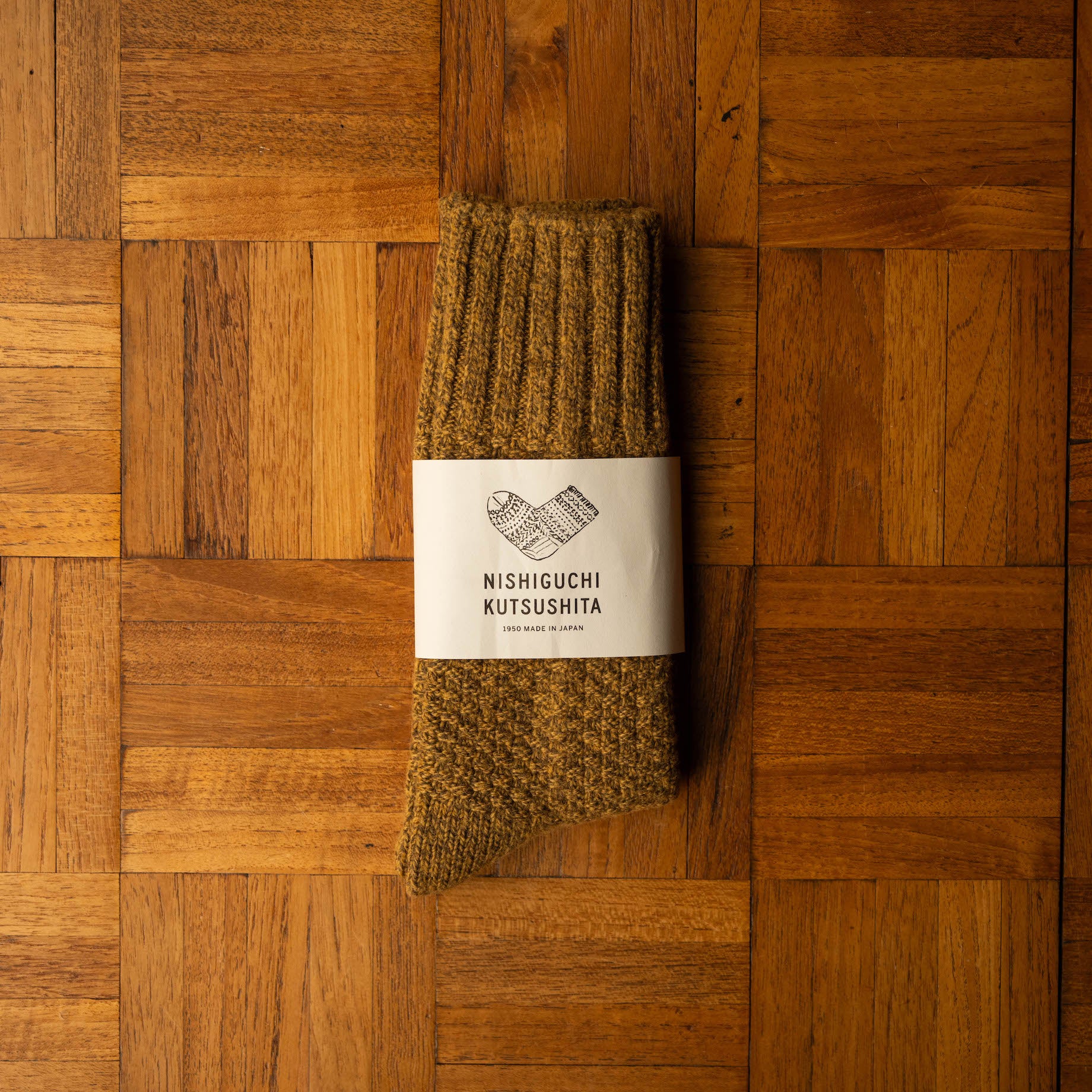 Nishiguchi Kutsushita Wool & Cotton Mustard Boot Socks with Logo Band